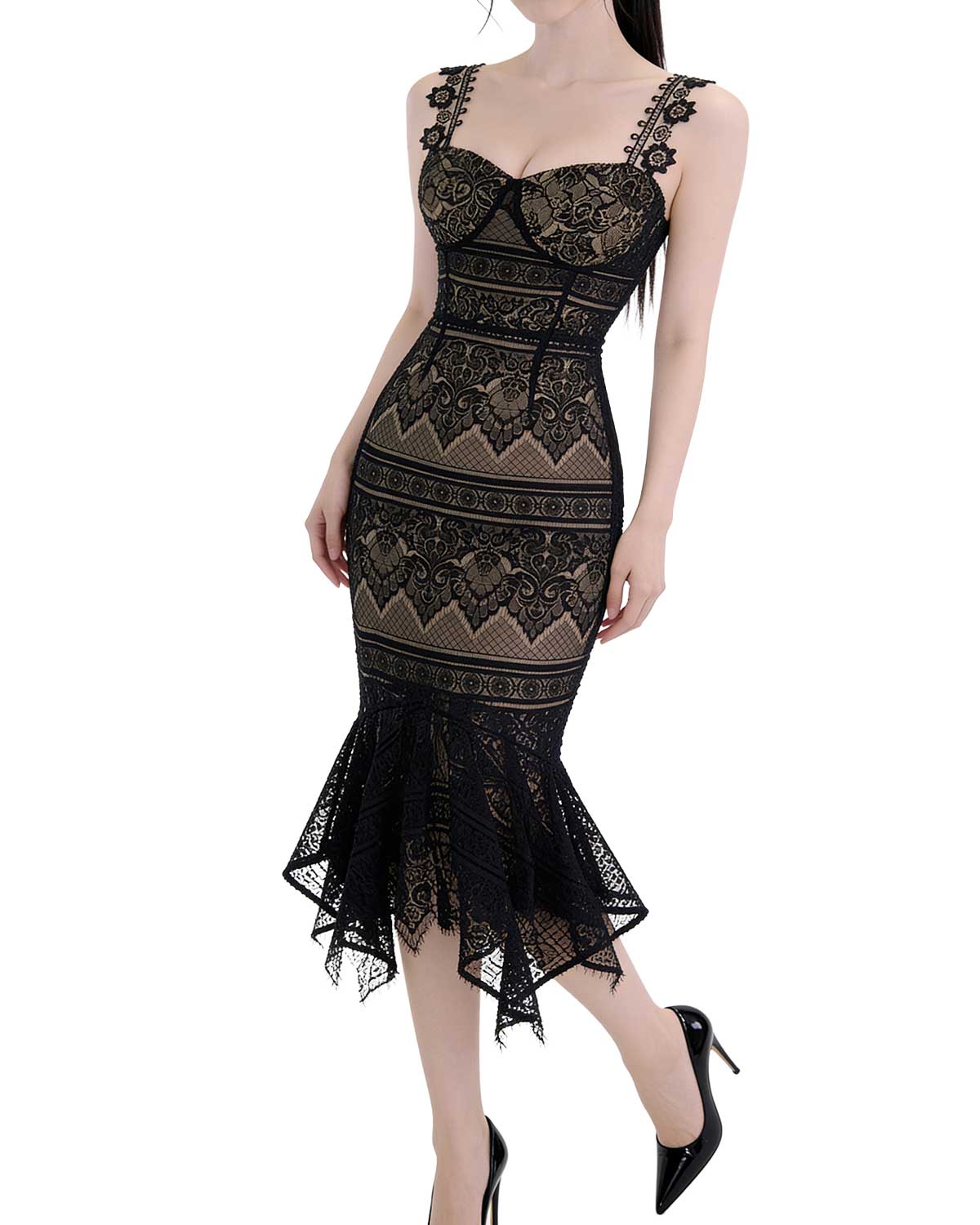 Exquisite Floral Lace Mermaid Midi Dress [Extreme Slim]