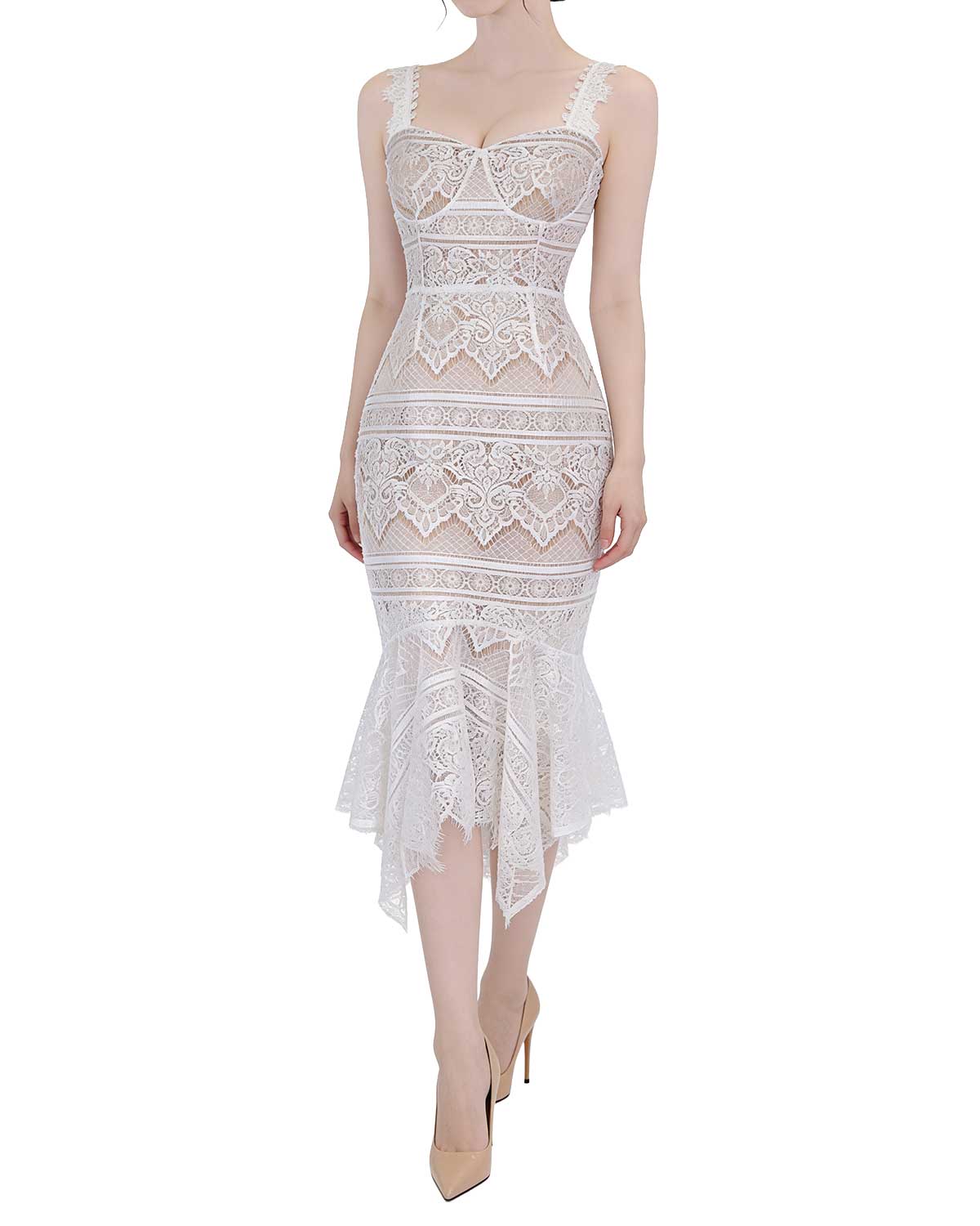 Exquisite Floral Lace Mermaid Midi Dress [Extreme Slim]