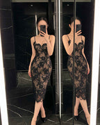 Exquisite Floral Lace Spaghetti Strap Midi Dress [Extreme Slim]