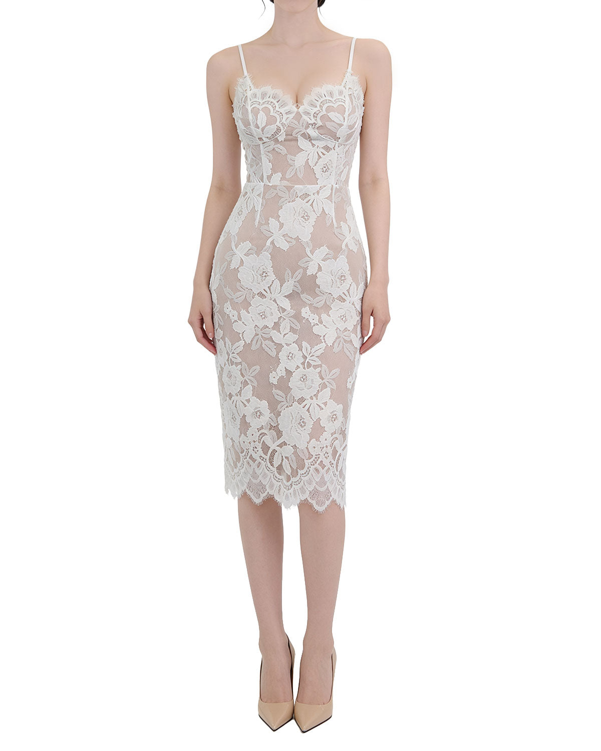 Exquisite Floral Lace Spaghetti Strap Midi Dress [Extreme Slim]