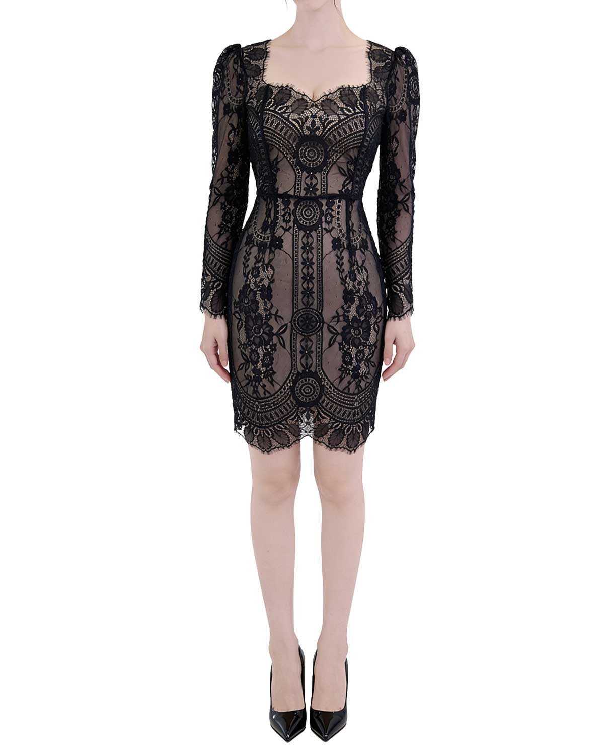 Exquisite Sweetheart Neck Long Sleeve Lace Mini Dress [Extreme Slim]