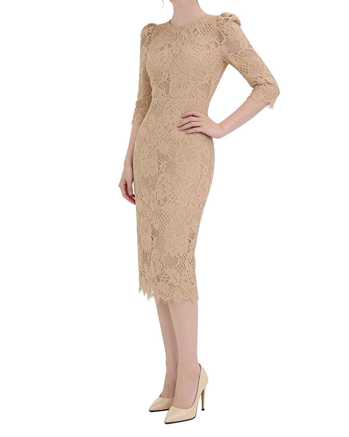 Floral Lace Half-Sleeve Column Midi Dress [Regular Fit]