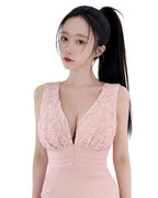 Floral Lace Deep V Sculpted Midi Dress [Slim Fit]