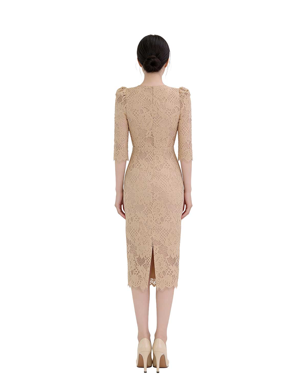 Floral Lace Half-Sleeve Column Midi Dress [Regular Fit]