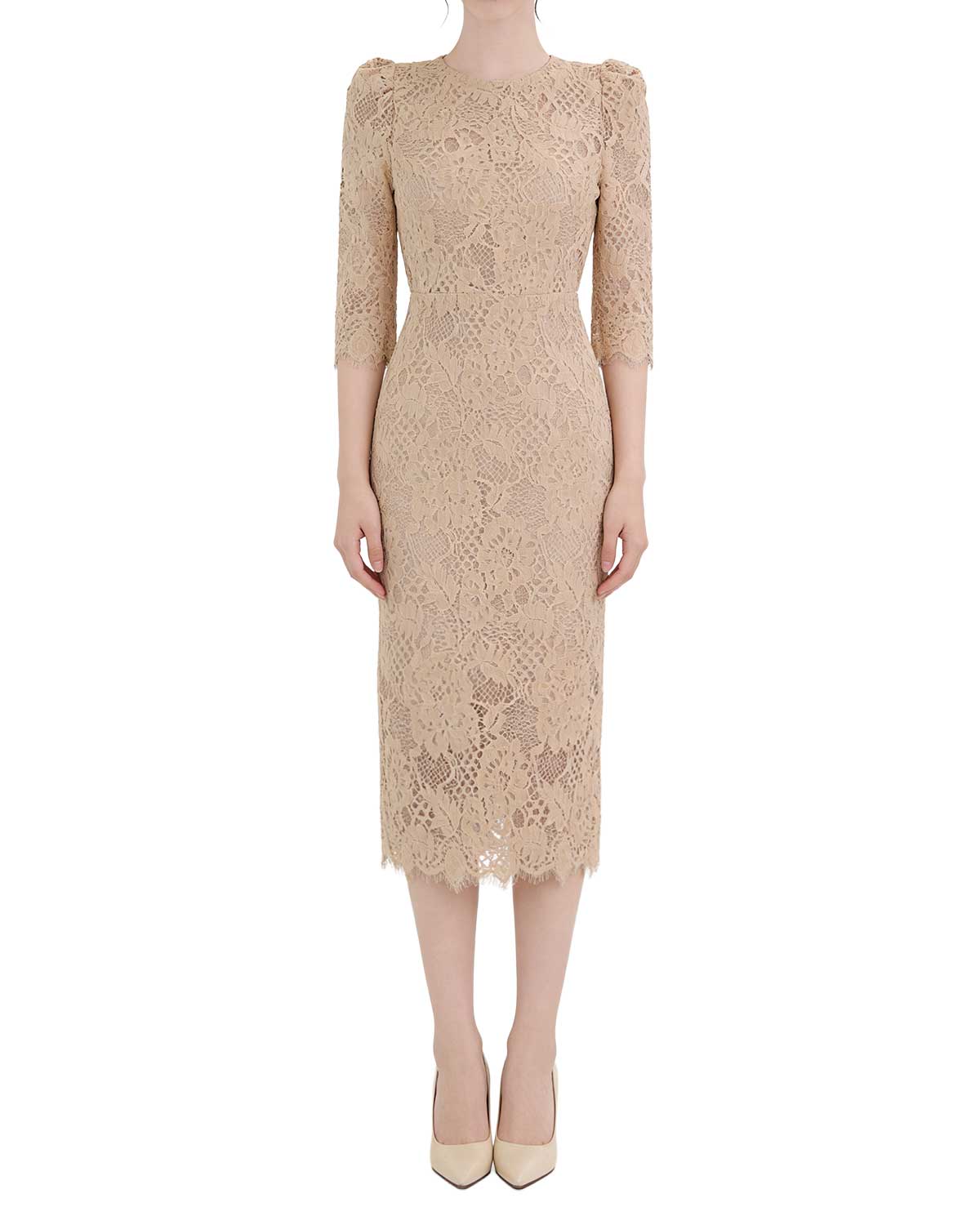 Floral Lace Half-Sleeve Column Midi Dress [Regular Fit]