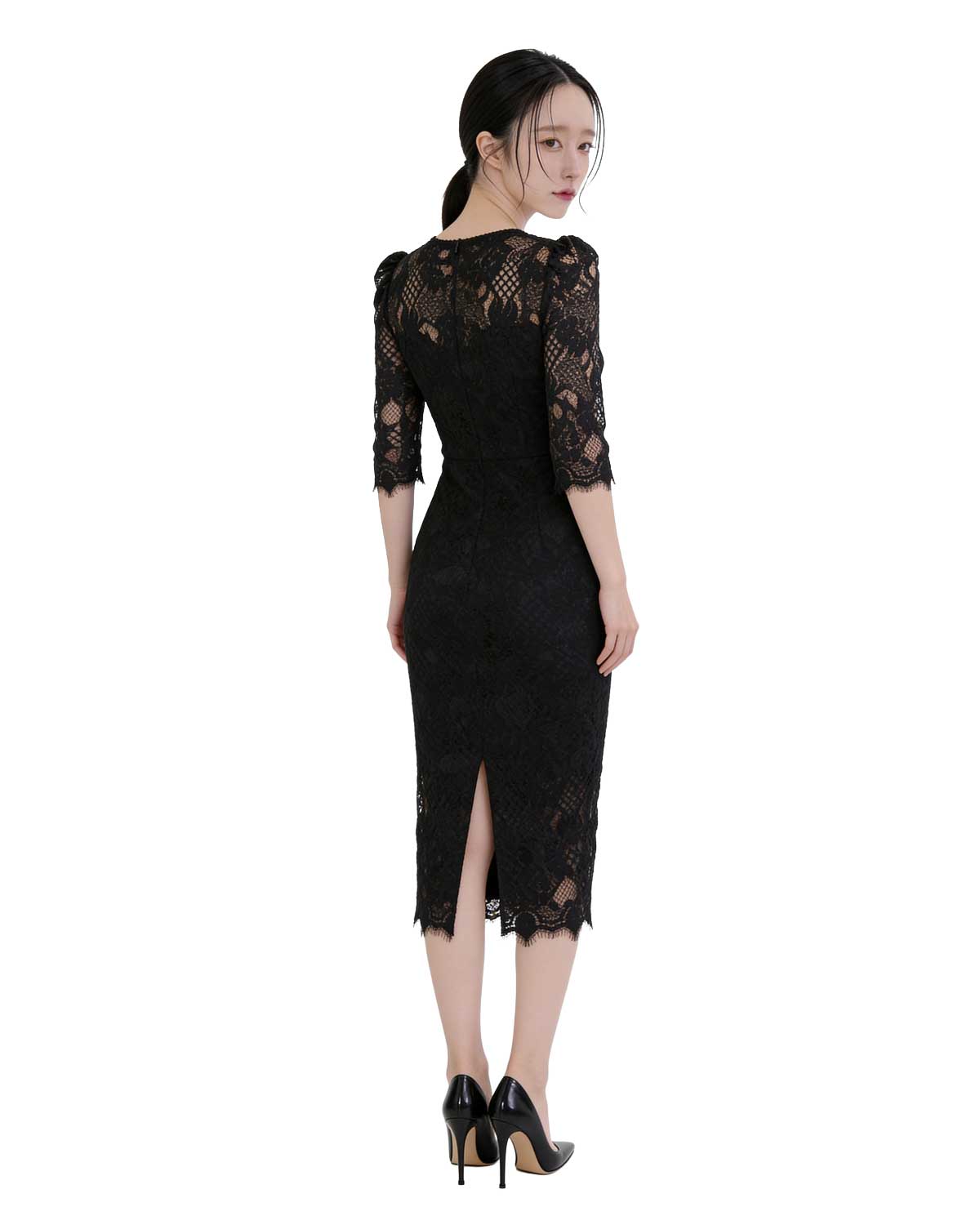 Floral Lace Half-Sleeve Column Midi Dress [Regular Fit]