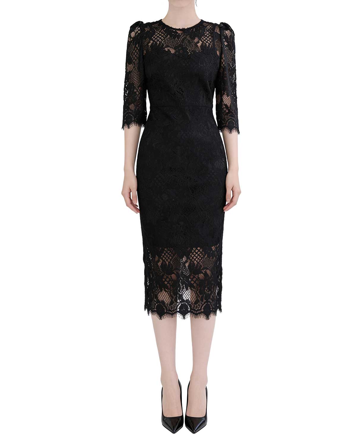 Floral Lace Half-Sleeve Column Midi Dress [Regular Fit]