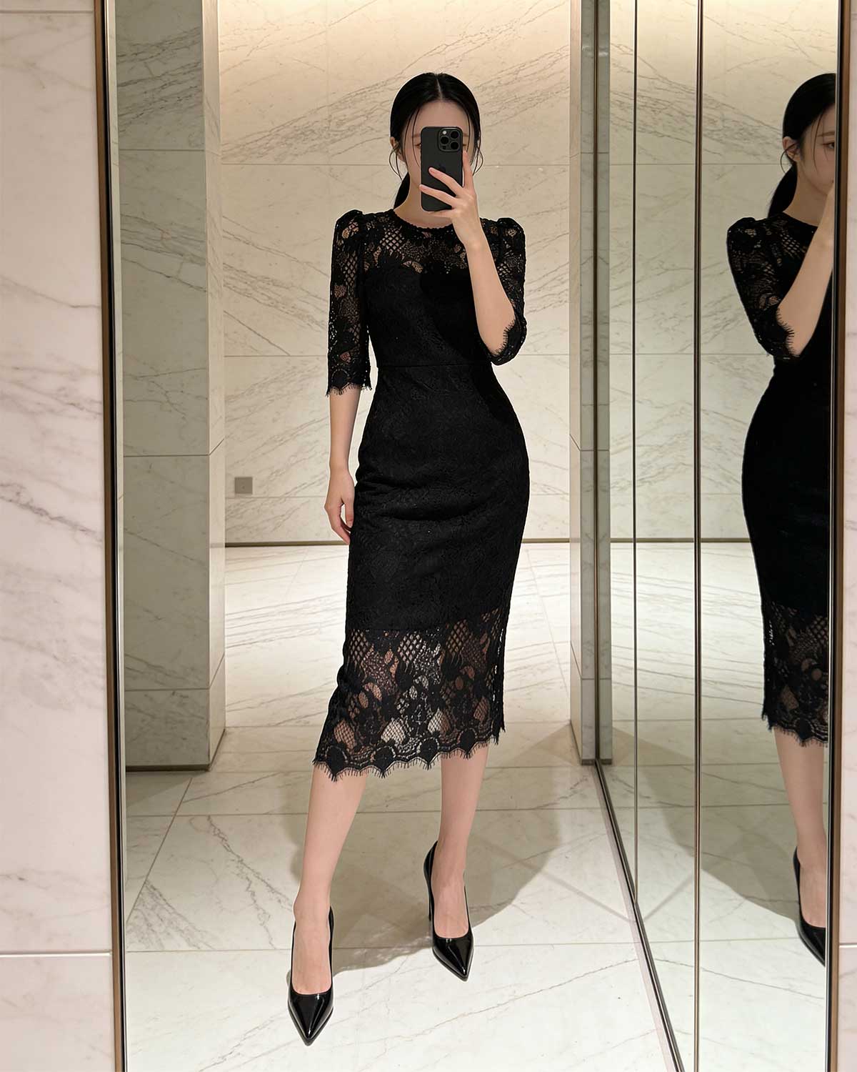 Floral Lace Half-Sleeve Column Midi Dress [Regular Fit]