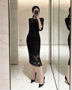 Floral Lace Half-Sleeve Column Midi Dress [Regular Fit]