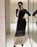 Floral Lace Half-Sleeve Column Midi Dress [Regular Fit]