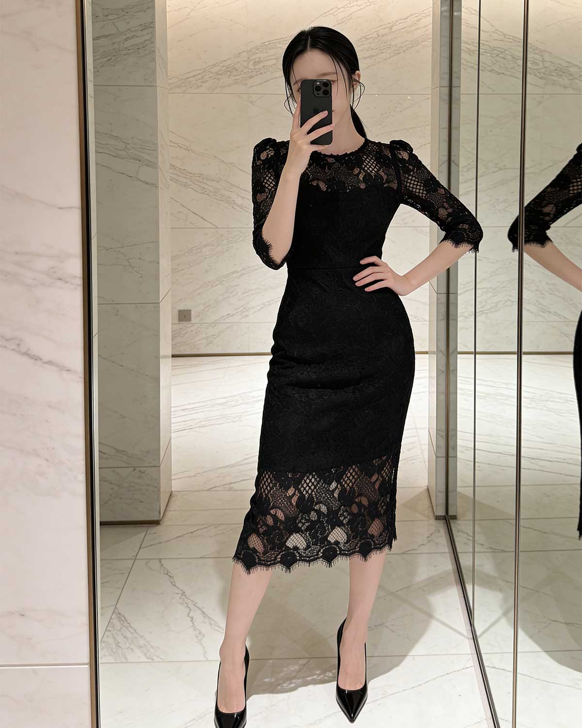 Floral Lace Half-Sleeve Column Midi Dress [Regular Fit]