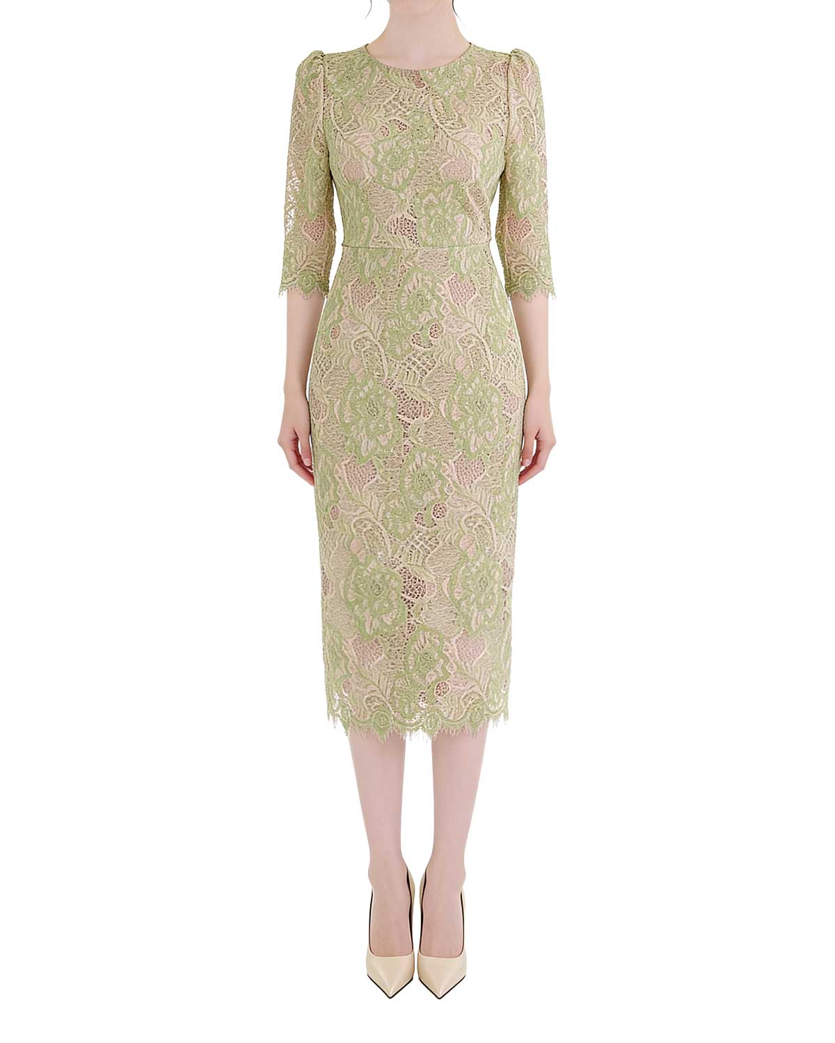 Floral Lace Half-Sleeve Column Midi Dress [Regular Fit]