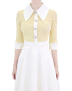 Jeweled Button Contrast Collar Ribbed Cardigan