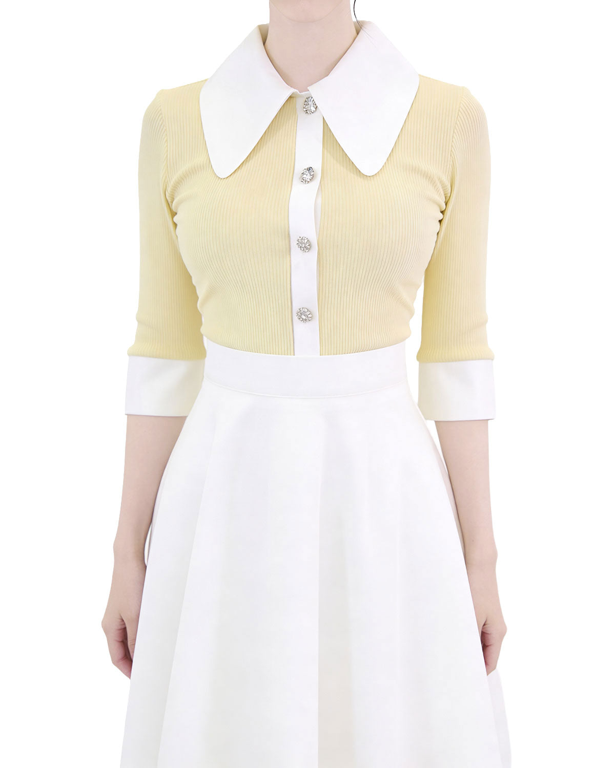 Jeweled Button Contrast Collar Ribbed Cardigan