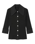 Jeweled Button Contrast Collar Ribbed Cardigan