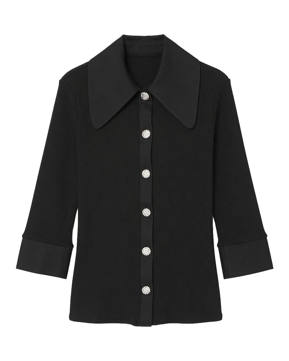 Jeweled Button Contrast Collar Ribbed Cardigan