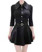 Jeweled Button Contrast Collar Ribbed Cardigan