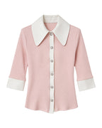 Jeweled Button Contrast Collar Ribbed Cardigan