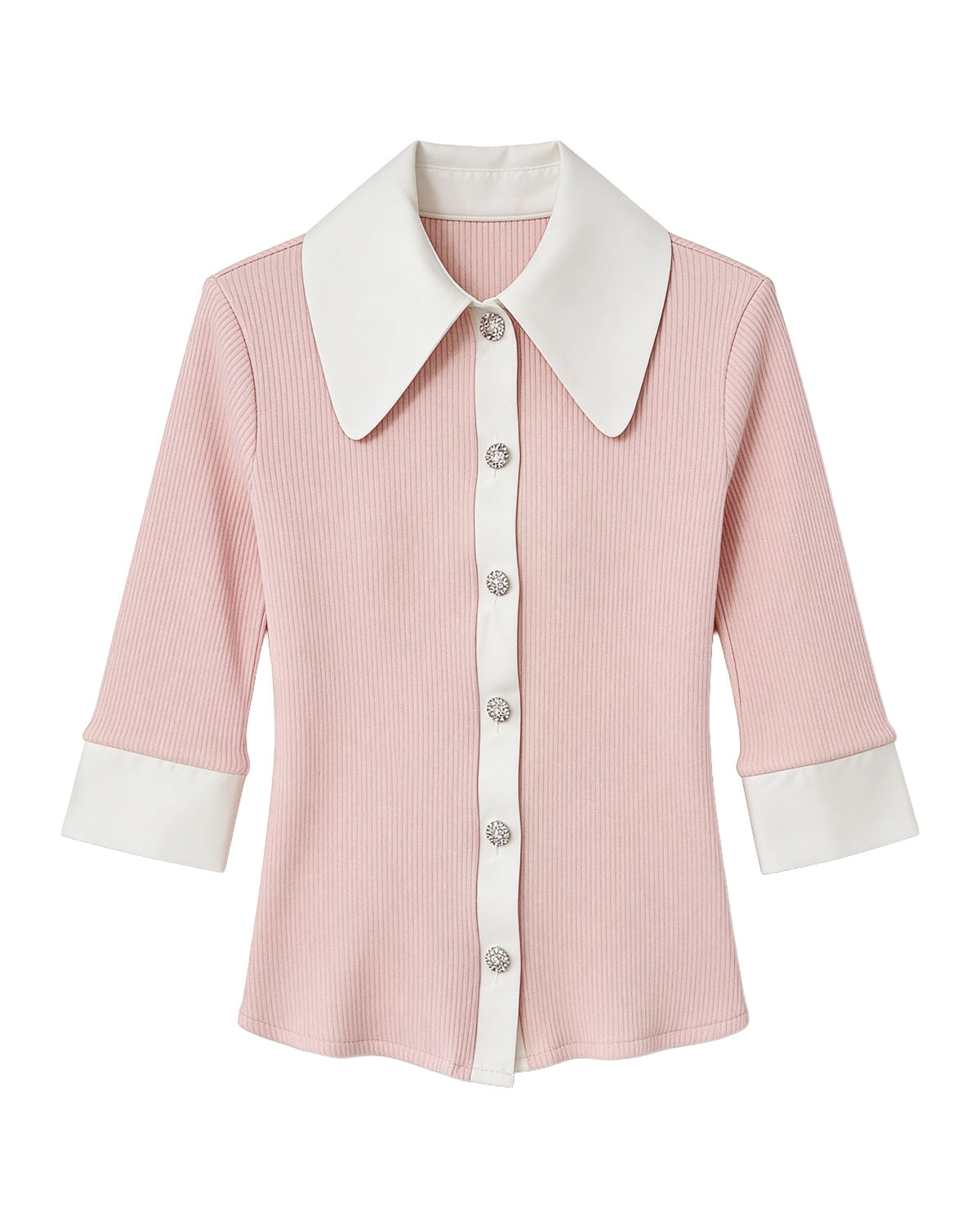Jeweled Button Contrast Collar Ribbed Cardigan