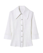 Jeweled Button Contrast Collar Ribbed Cardigan