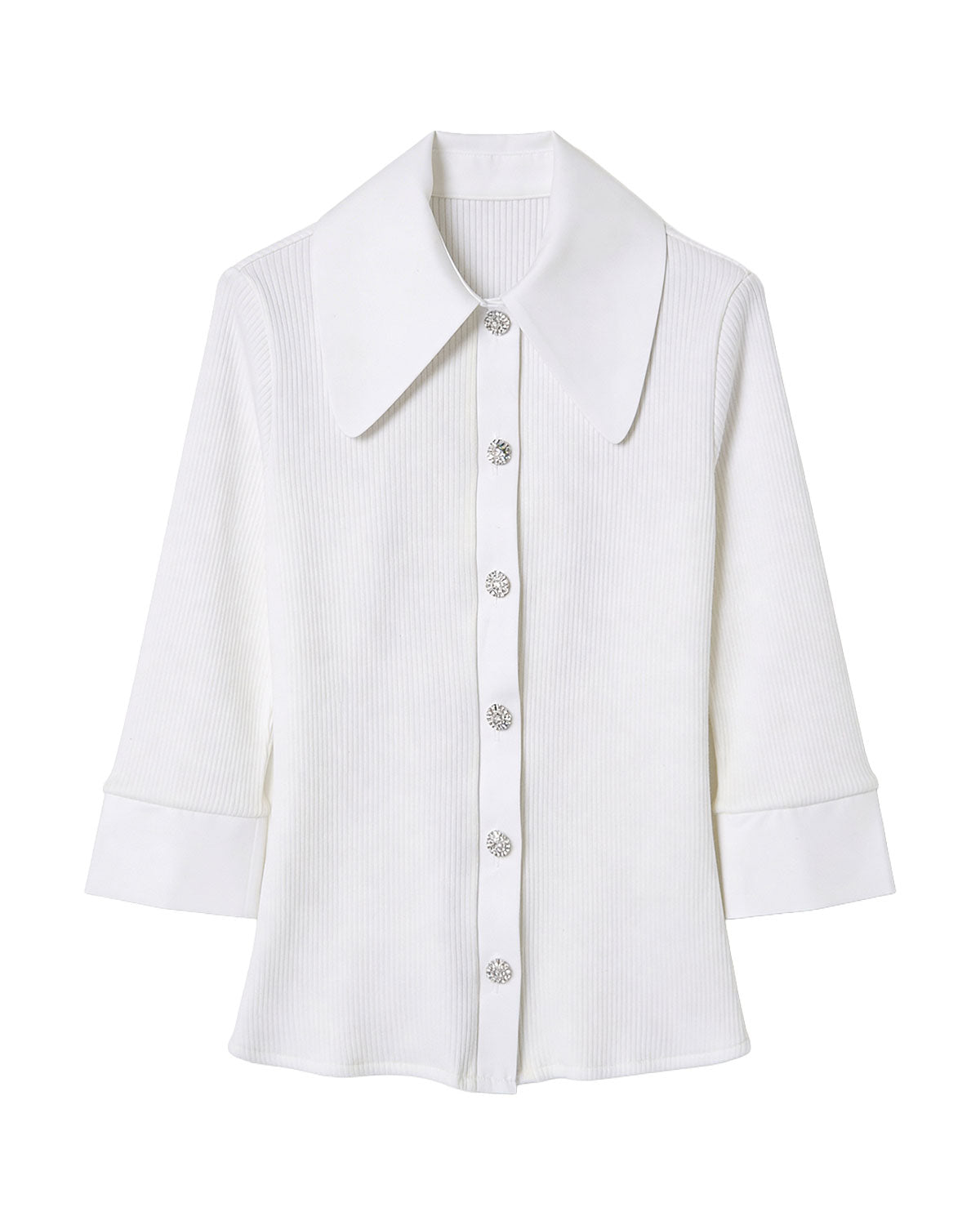 Jeweled Button Contrast Collar Ribbed Cardigan
