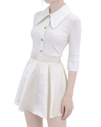Jeweled Button Contrast Collar Ribbed Cardigan