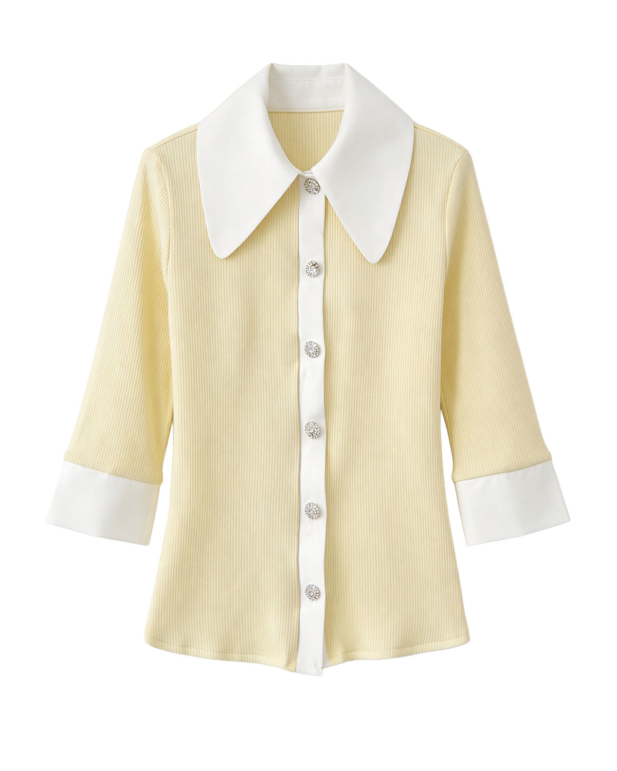 Jeweled Button Contrast Collar Ribbed Cardigan