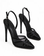 Luminous Satin & Sheer Mesh Pointed Slingbacks  [Customizable Heel]
