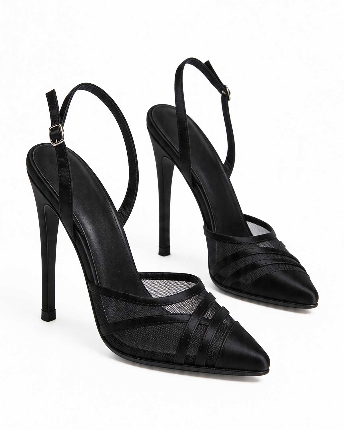 Luminous Satin & Sheer Mesh Pointed Slingbacks  [Customizable Heel]