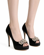 Midnight Satin Crystal-Buckle Platform Peep-Toe Heels [Customizable Heel]