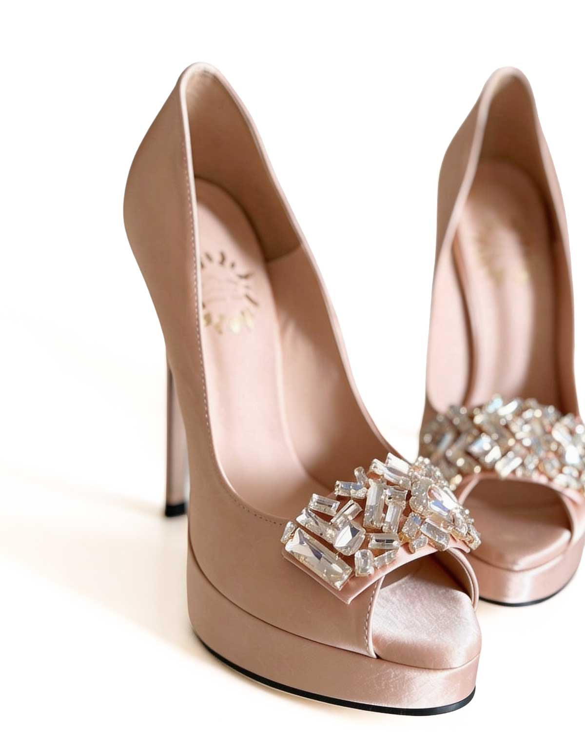 Midnight Satin Crystal-Buckle Platform Peep-Toe Heels [Customizable Heel]