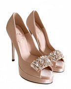 Midnight Satin Crystal-Buckle Platform Peep-Toe Heels [Customizable Heel]