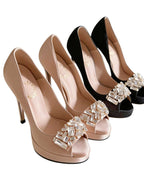 Midnight Satin Crystal-Buckle Platform Peep-Toe Heels [Customizable Heel]