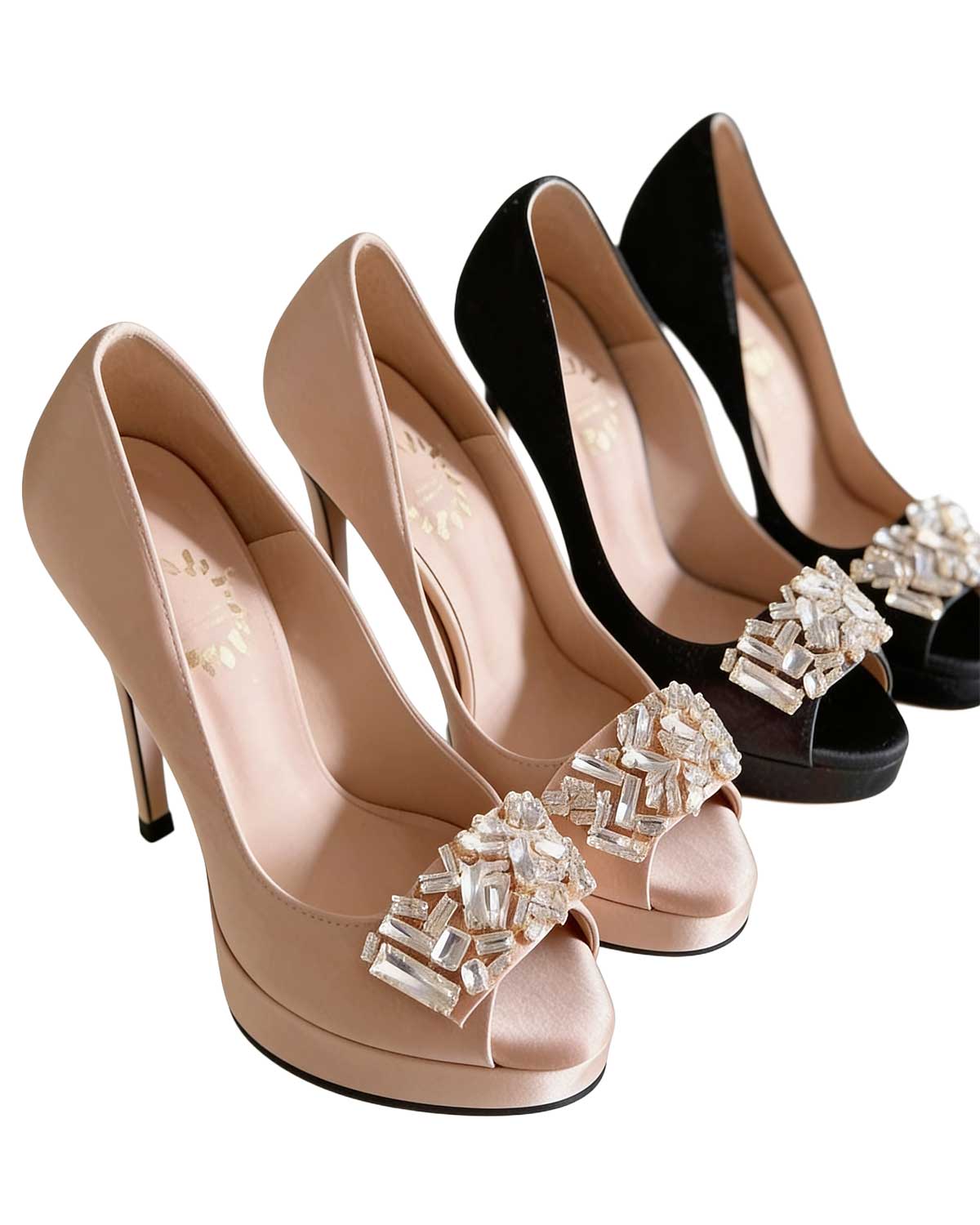 Midnight Satin Crystal-Buckle Platform Peep-Toe Heels [Customizable Heel]