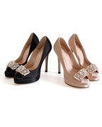 Midnight Satin Crystal-Buckle Platform Peep-Toe Heels [Customizable Heel]