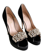 Midnight Satin Crystal-Buckle Platform Peep-Toe Heels [Customizable Heel]
