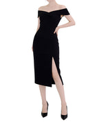 Off-The-Shoulder Front Slit Midi Bodycon Dress [Extreme Slim]