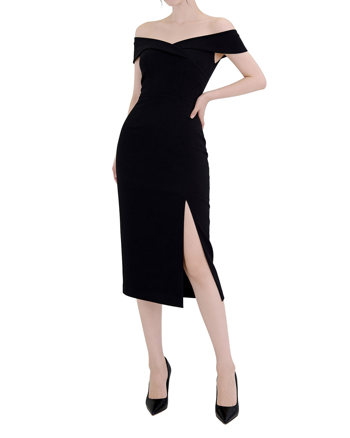 Off-The-Shoulder Front Slit Midi Bodycon Dress [Extreme Slim]