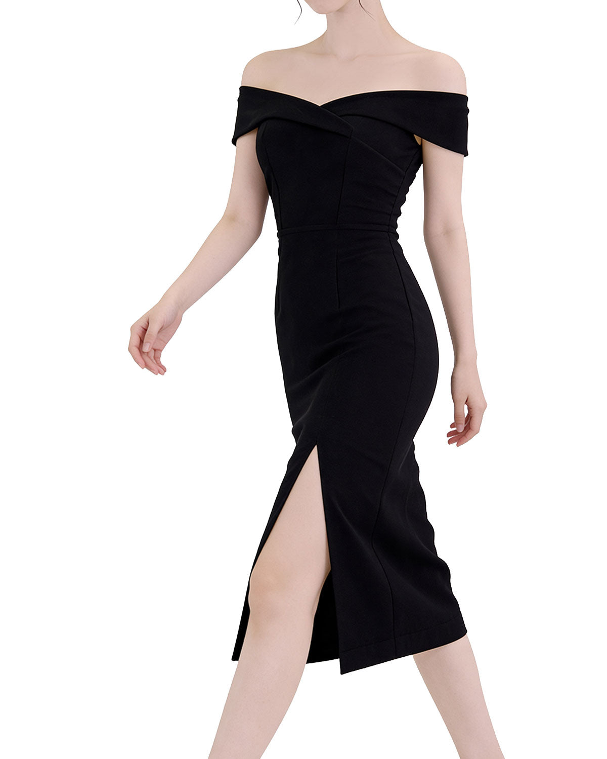 Off-The-Shoulder Front Slit Midi Bodycon Dress [Extreme Slim]