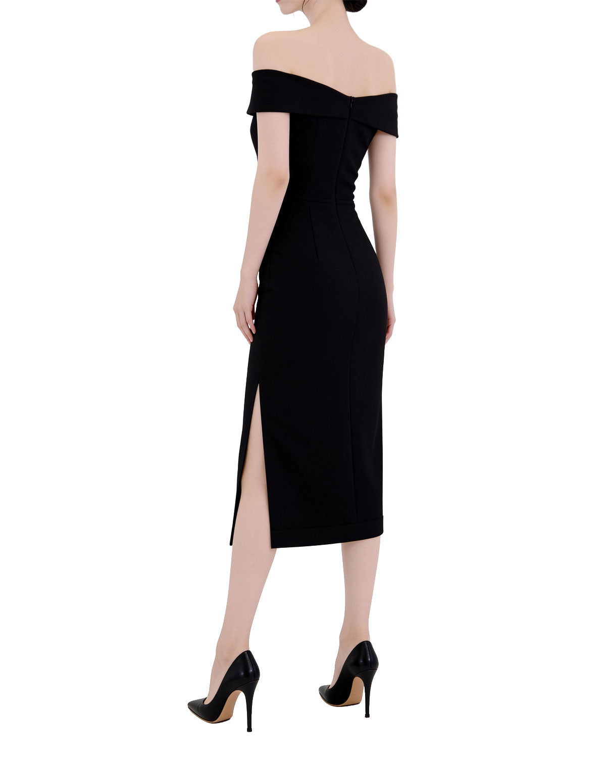 Off-The-Shoulder Front Slit Midi Bodycon Dress [Extreme Slim]