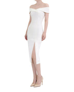 Off-The-Shoulder Front Slit Midi Bodycon Dress [Extreme Slim]