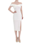 Off-The-Shoulder Front Slit Midi Bodycon Dress [Extreme Slim]