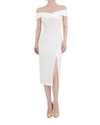 Off-The-Shoulder Front Slit Midi Bodycon Dress [Extreme Slim]