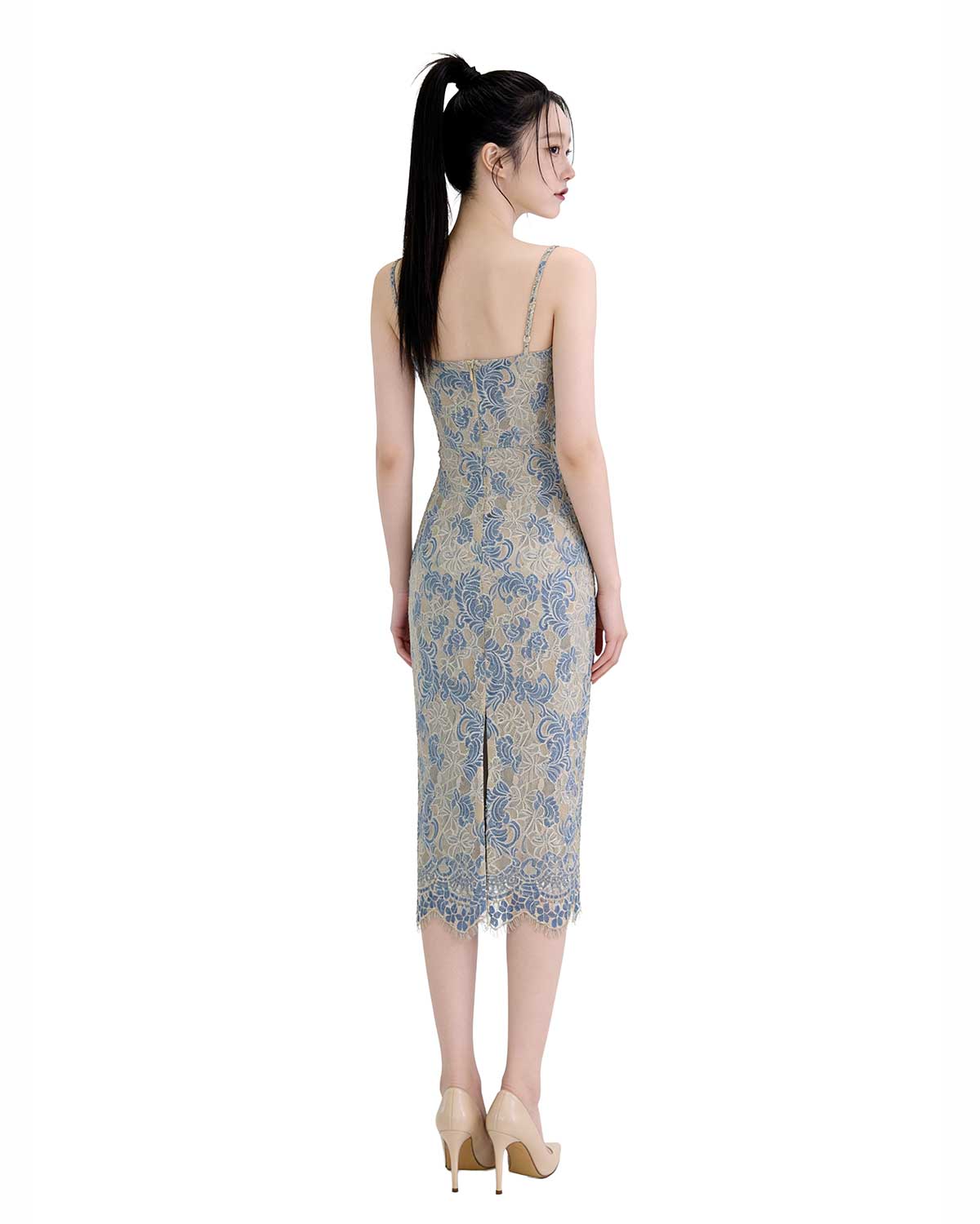 Ornate Embroidered Lace Sweetheart Midi Dress [Extreme Slim]
