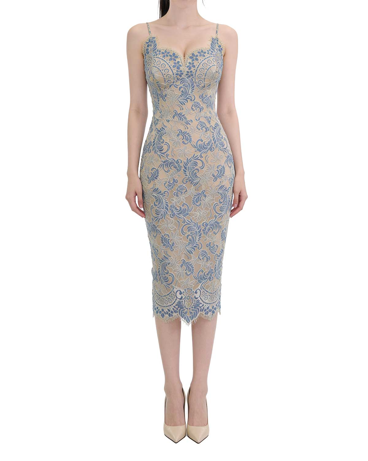 Ornate Embroidered Lace Sweetheart Midi Dress [Extreme Slim]