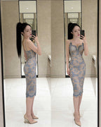 Ornate Embroidered Lace Sweetheart Midi Dress [Extreme Slim]