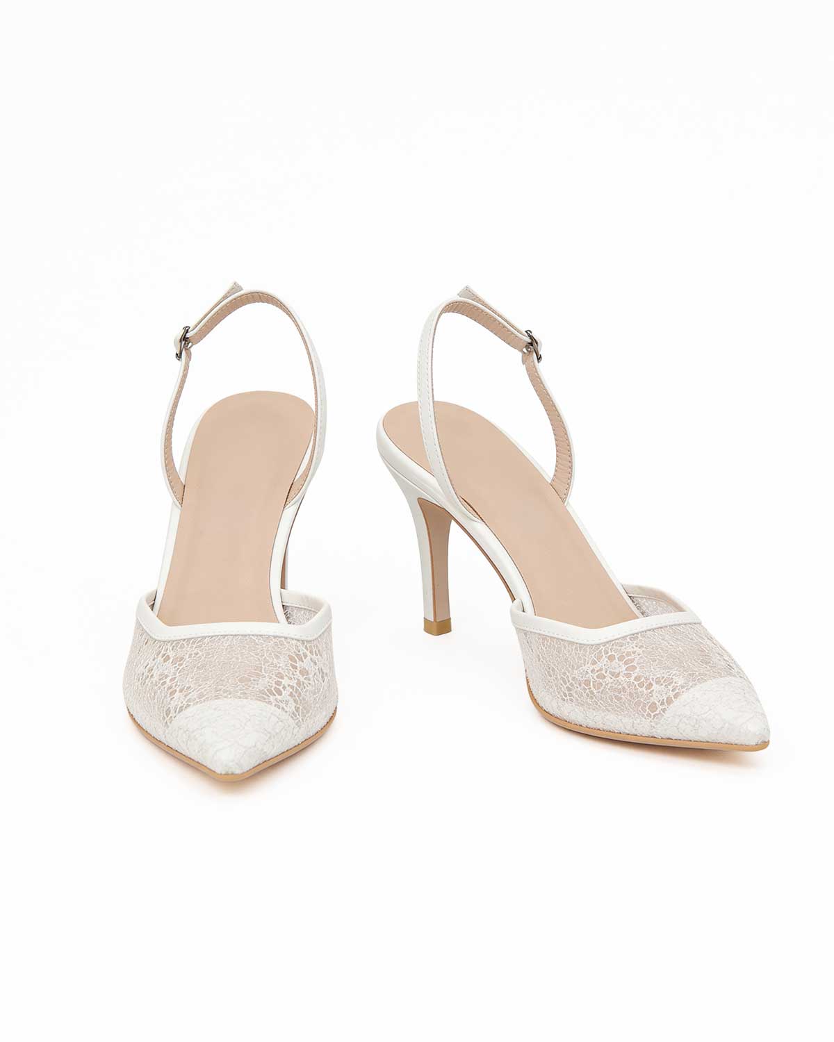 Pearl Satin & Italian Gold Lace Mesh Slingbacks [Customizable Heel]