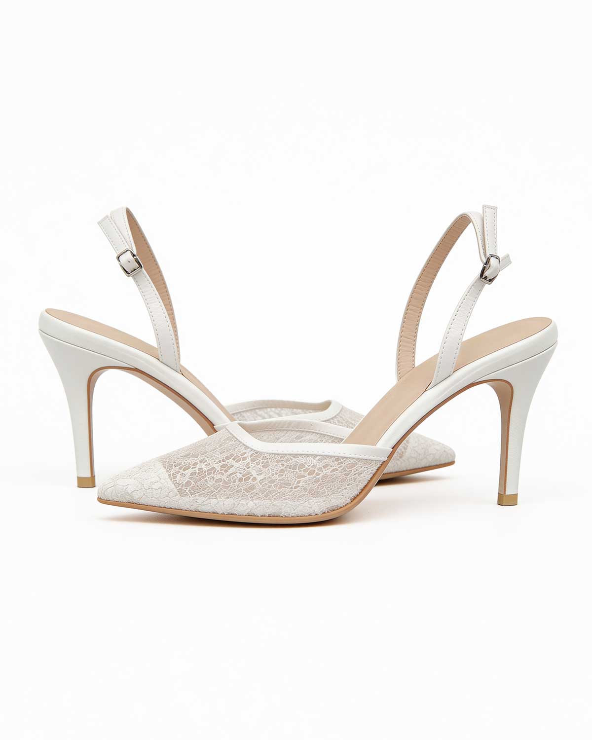 Pearl Satin & Italian Gold Lace Mesh Slingbacks [Customizable Heel]