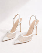 Rosalie Pearl Satin Lace Mesh Slingbacks