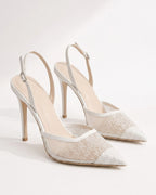 Rosalie Pearl Satin Lace Mesh Slingbacks